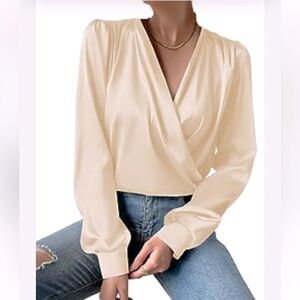 LM Style Bar Women’s Elegant Satin Silk Blend Wrap Top Evening Blouse Large